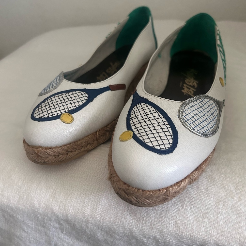 Knights Apparel White Espadrille Flats with Navy and Teal Tennis Motif - Picture 4 of 5